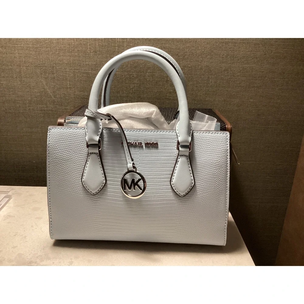 Michael Kors Sheila‎ Satchel Vista Blue Reptile Embossed Vegan Leather Small
